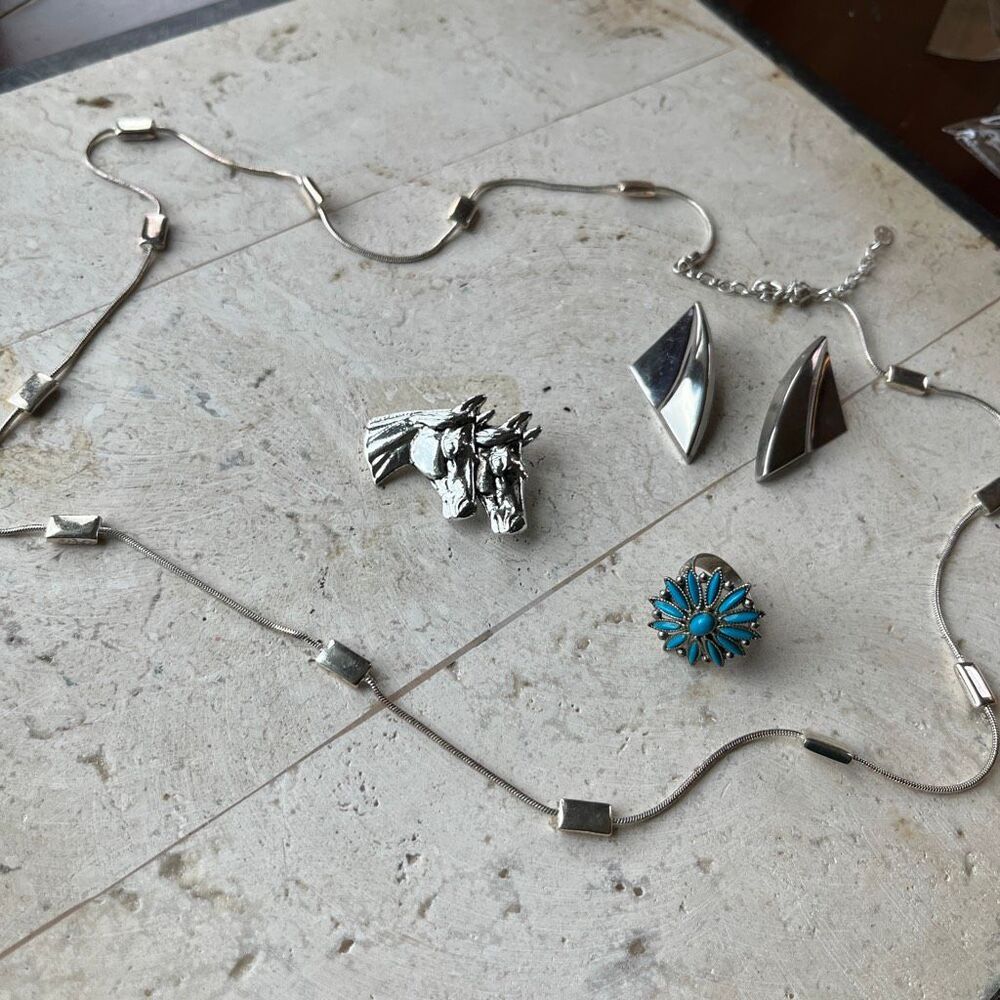 VTG Silver Jewelry Lot Western Equestrian Turquoise Ring Statement Earrings